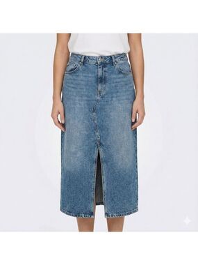 R JEANS Cotton Blend Split Front 5 Pocket Denim Midi Skirt Med Wash US Sz 36